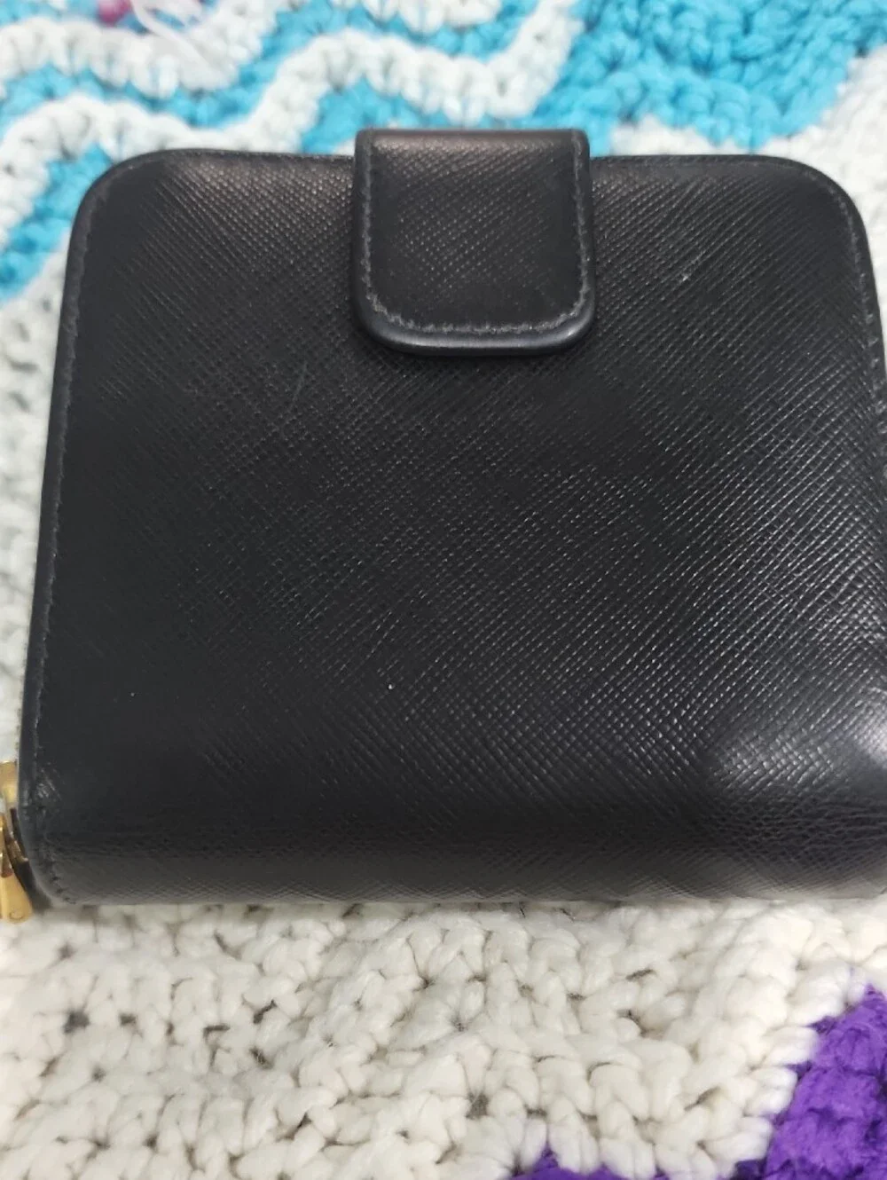 Prada Black Saffiano Leather Zip Wallet with Gold Logo